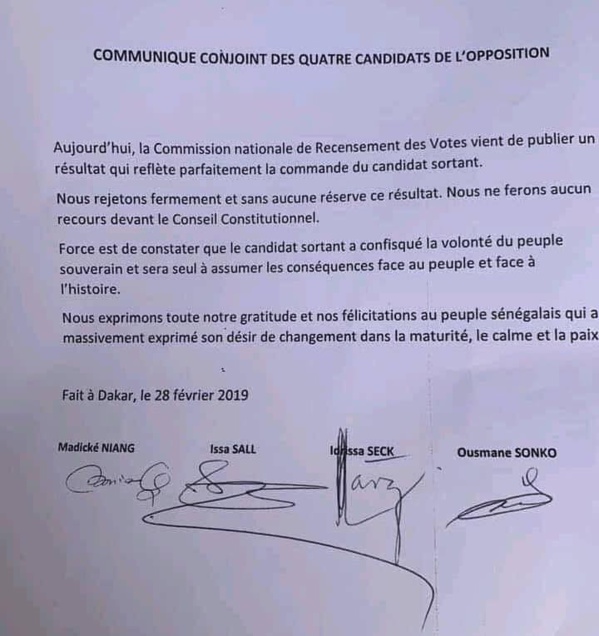 Seck, Sonko, Sall et Niang condamnent "une confiscation du pouvoir" Seck, Sonko, Sall et Niang condamnent "une confiscation du pouvoir"
