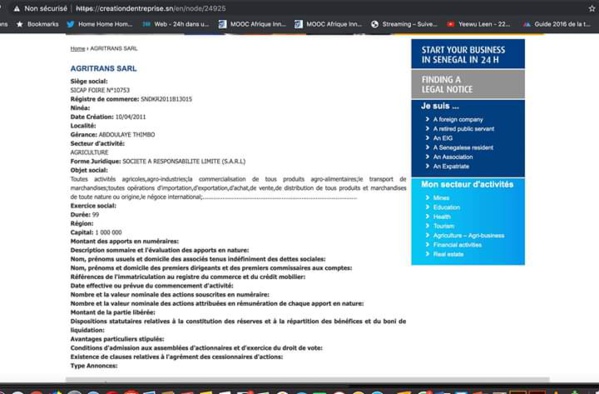 Agritrans Sarl, l'identité de la société présumée appartenant à Aliou Sall et gérée par Abdoulaye Thimbo, son oncle et maire de Pikine