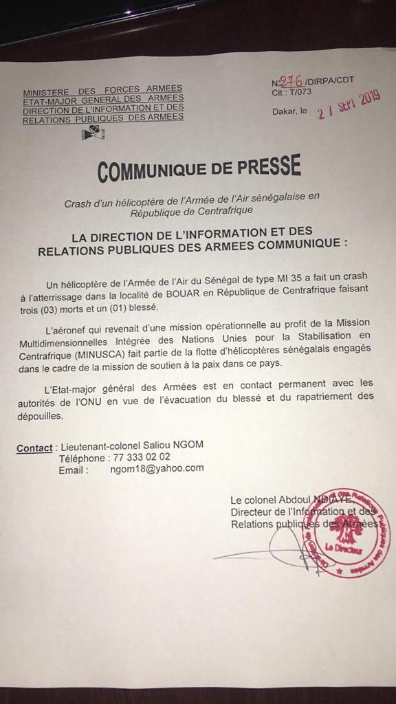 CENTRAFRIQUE - 3 militaires sénégalais tués et un blessé dans le crash de leur hélicoptère: les précisions de la Dirpa