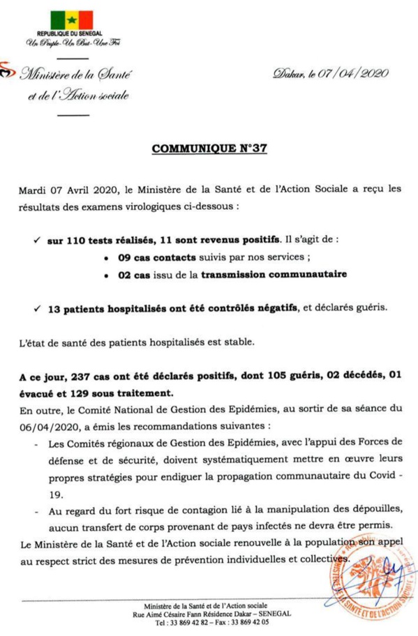 Coronavirus/Sénégal: 11 nouvelles contaminations dont 2 de transmission communautaire