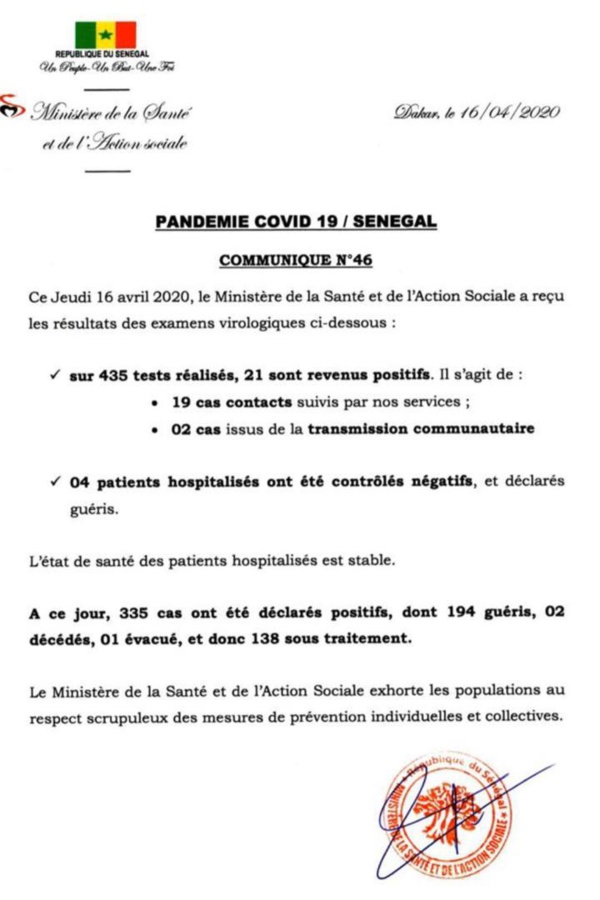 Coronavirus/Sénégal: 21 nouvelles infections dont 2 de type communautaire 