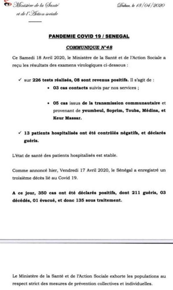 Coronavirus/Sénégal: 8 nouvelles contaminations dont 5 communautaires Coronavirus/Sénégal: 8 nouvelles contaminations dont 5 communautaires