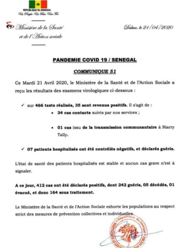 Coronavirus/Sénégal: 35 nouvelles contaminations dont 1 communautaire Coronavirus/Sénégal: 35 nouvelles contaminations dont 1 communautaire