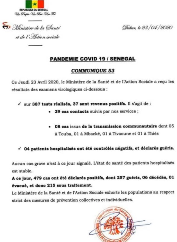 Coronavirus/Sénégal: 37 nouvelles contaminations dont 8 communautaires (Touba, Mbacké, Tivaouane, Thiès)