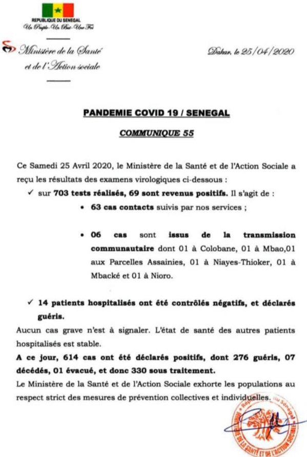 Coronavirus/Sénégal: 69 nouveaux cas positifs dont 6 communautaires
