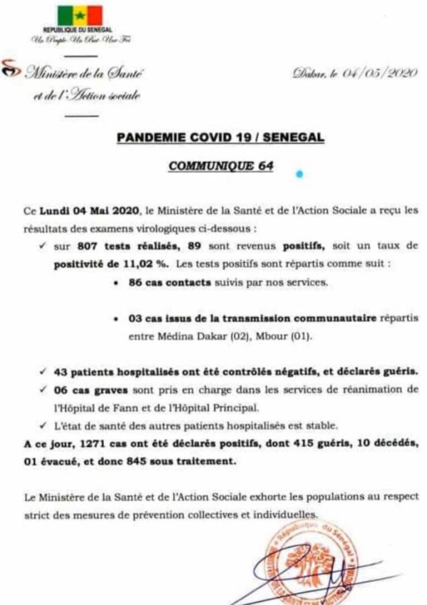 Coronavirus/Sénégal: 89 nouvelles contaminations dont 3 de type communautaire, 6 cas graves en réanimation Coronavirus/Sénégal: 89 nouvelles contaminations dont 3 de type communautaire, 6 cas graves en réanimation