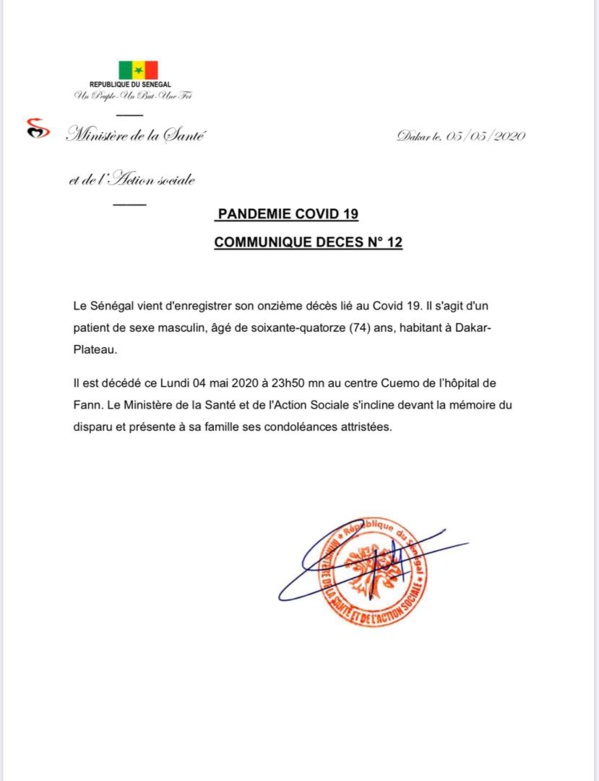 Coronavirus/Sénégal: 11 morts au Sénégal Coronavirus/Sénégal: 11 morts au Sénégal