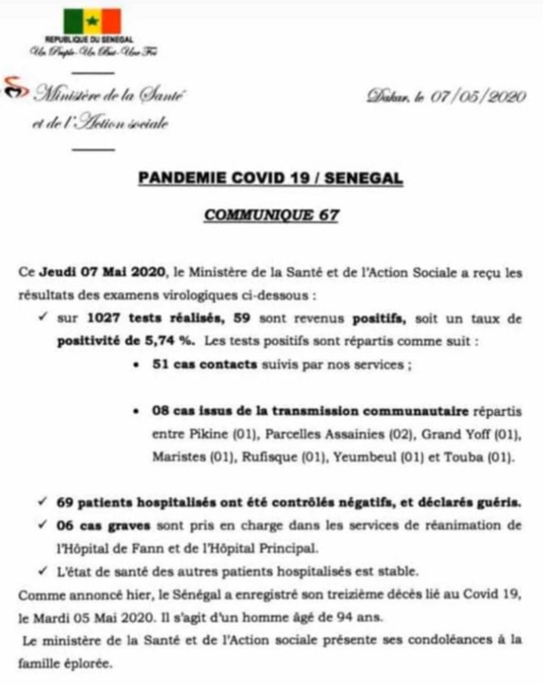 Coronavirus/Sénégal: 59 nouvelles contaminations dont 8 de type communautaire Coronavirus/Sénégal: 59 nouvelles contaminations dont 8 de type communautaire
