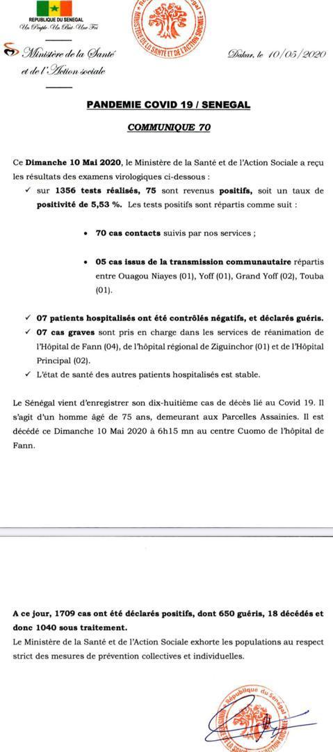 Coronavirus/Sénégal: 75 nouvelles infections dont 5 issues de la transmission communautaire