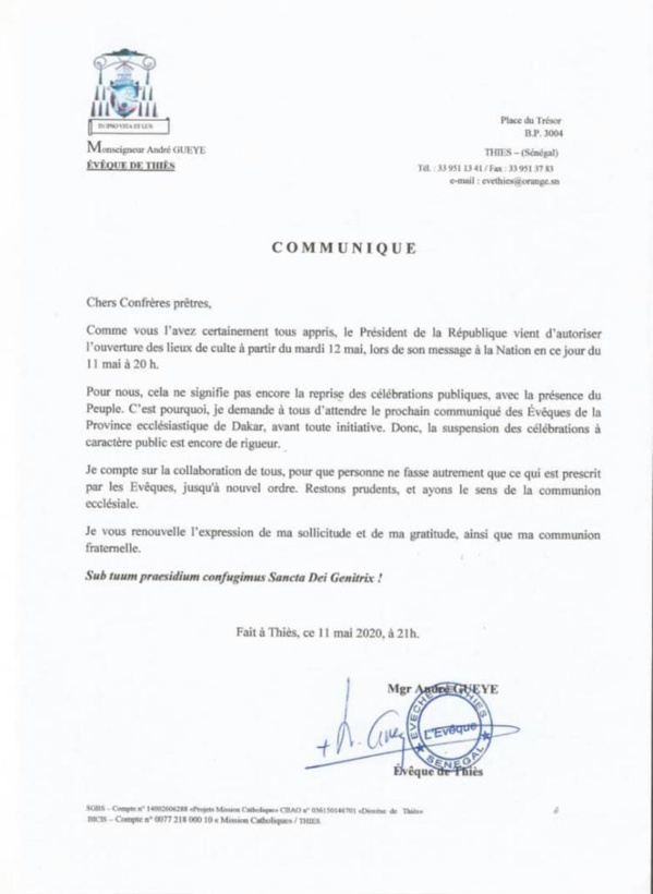 Réouverture des lieux de cultes: l'Eglise maintient la suspension des célébrations à caractère public