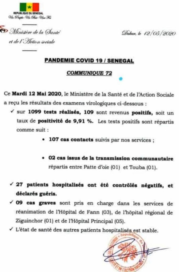 Coronavirus/Sénégal: 109 nouvelles contaminations sur 1099 tests, hausse des cas graves