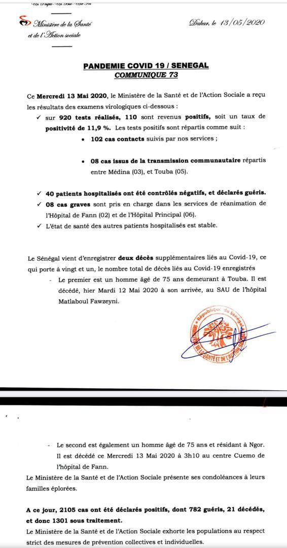 Coronavirus/Sénégal: 110 nouvelles infections, 2 décès à Touba et Ngor