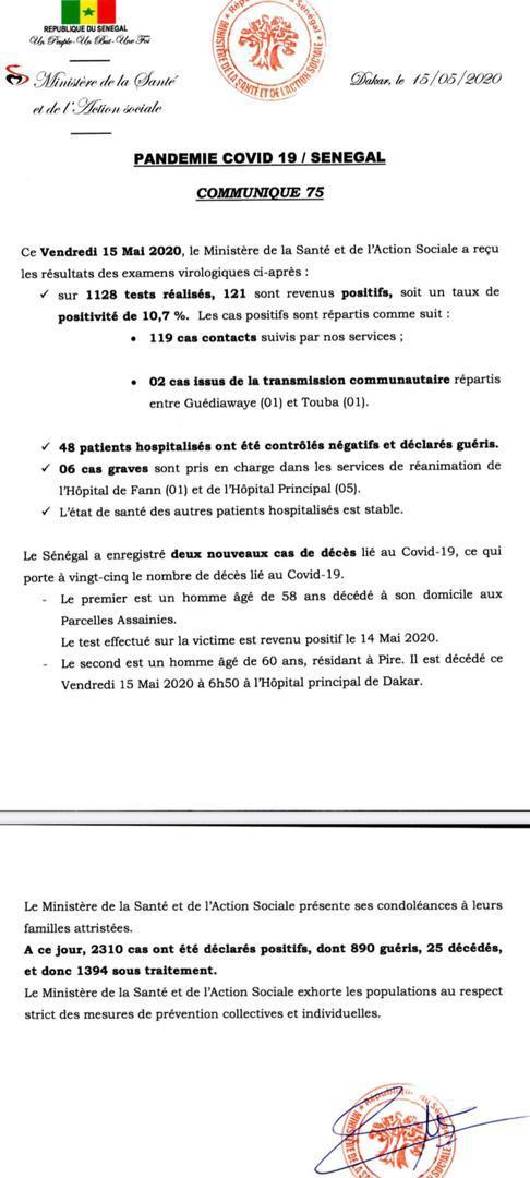 Coronavirus/Sénégal: 121 nouvelles contaminations et 2 nouveaux décès (total: 25)
