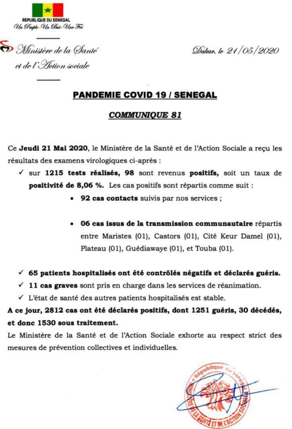 Coronavirus/Sénégal: 92 nouvelles infections dont 6 de type communautaire