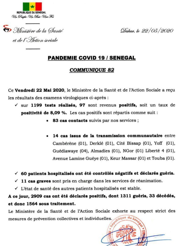Coronavirus/Sénégal: 97 nouvelles infections dont 14 de type communautaire Coronavirus/Sénégal: 97 nouvelles infections dont 14 de type communautaire