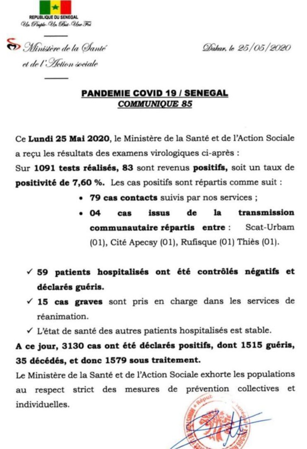 Coronavirus/Sénégal: 81 nouvelles contaminations dont 4 de type communautaire Coronavirus/Sénégal: 81 nouvelles contaminations dont 4 de type communautaire