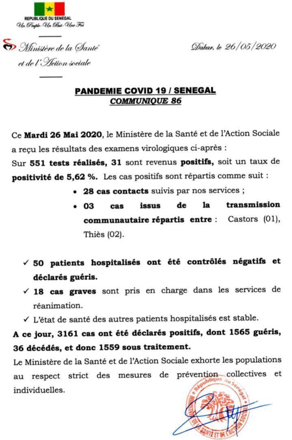 Coronavirus/Sénégal: 31 nouvelles contaminations, 18 cas graves en réanimation Coronavirus/Sénégal: 31 nouvelles contaminations, 18 cas graves en réanimation