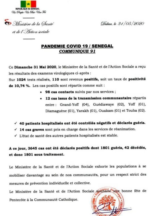 Coronavirus/Sénégal: 110 nouvelles contaminations dont 12 du genre communautaire Coronavirus/Sénégal: 110 nouvelles contaminations dont 12 du genre communautaire