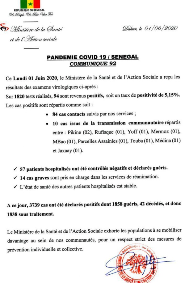 Coronavirus/Sénégal: 94 nouvelles contaminations dont 10 de type communautaire