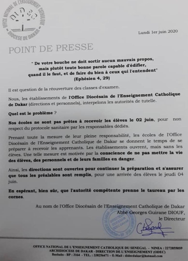 Réouverture des classes: L'enseignement catholique rejette la date du 2 juin pour celle du 4 Réouverture des classes: L'enseignement catholique rejette la date du 2 juin pour celle du 4