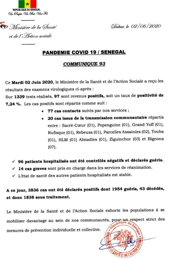 Coronavirus/Sénégal: 97 nouvelles infections dont 20 de type communautaire