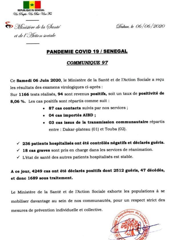 Coronavirus/Sénégal: 94 nouvelles contaminations dont 4 cas importés AIBD