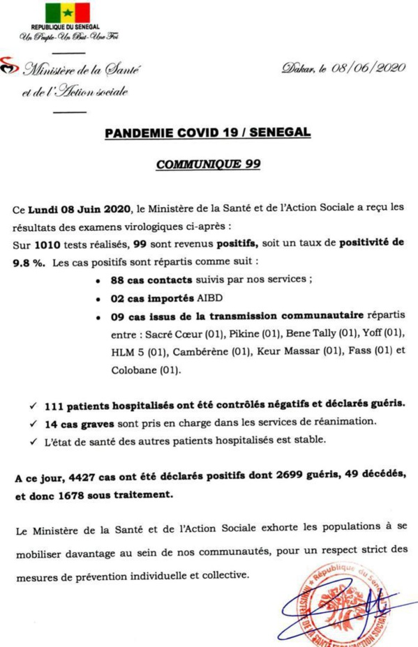Coronavirus/Sénégal: 99 nouvelles infections dont 9 de type communautaire Coronavirus/Sénégal: 99 nouvelles infections dont 9 de type communautaire