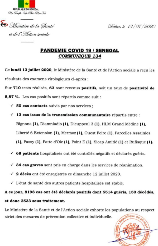 Coronavirus/Sénégal: 68 nouvelles infections, 150 morts Coronavirus/Sénégal: 68 nouvelles infections, 150 morts