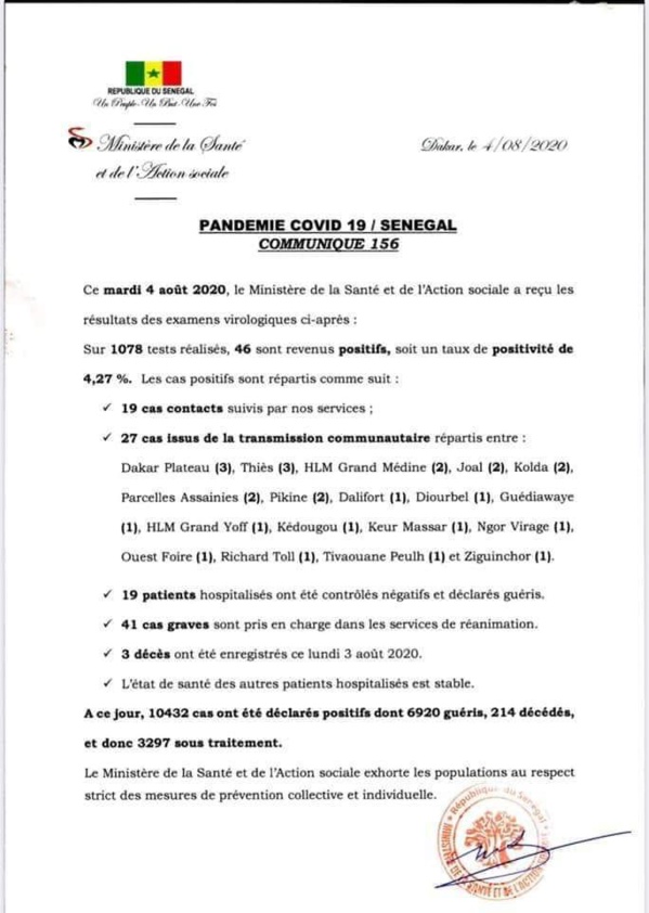 Coronavirus/Sénégal: 46 nouvelles infections, 3 nouveaux morts Coronavirus/Sénégal: 46 nouvelles infections, 3 nouveaux morts