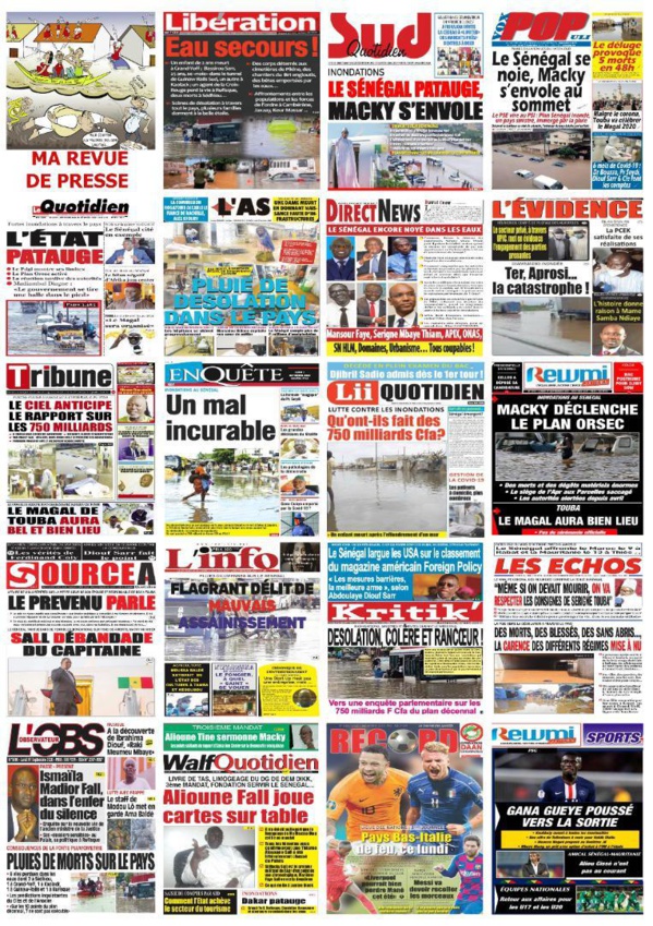 INONDATIONS : Les "UNES" de la presse quotidienne sénégalaise INONDATIONS : Les "UNES" de la presse quotidienne sénégalaise