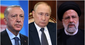 Erdogan, Poutine et Raissi (de g. à d.) Erdogan, Poutine et Raissi (de g. à d.)