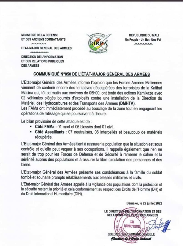 Bamako – L’armée malienne annonce avoir neutralisé des tentatives terroristes de la Katiba Macina, un bilan lourd Bamako – L’armée malienne annonce avoir neutralisé des tentatives terroristes de la Katiba Macina, un bilan lourd