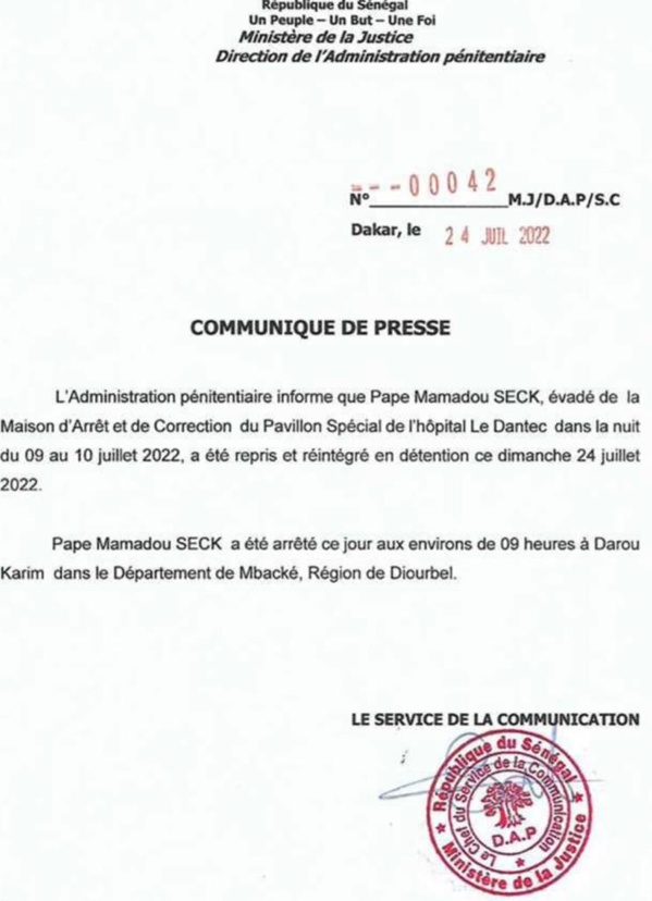 Pape Mamadou Seck arrêté à Mbacké ce dimanche (source: Administration pénitentiaire) Pape Mamadou Seck arrêté à Mbacké ce dimanche (source: Administration pénitentiaire)