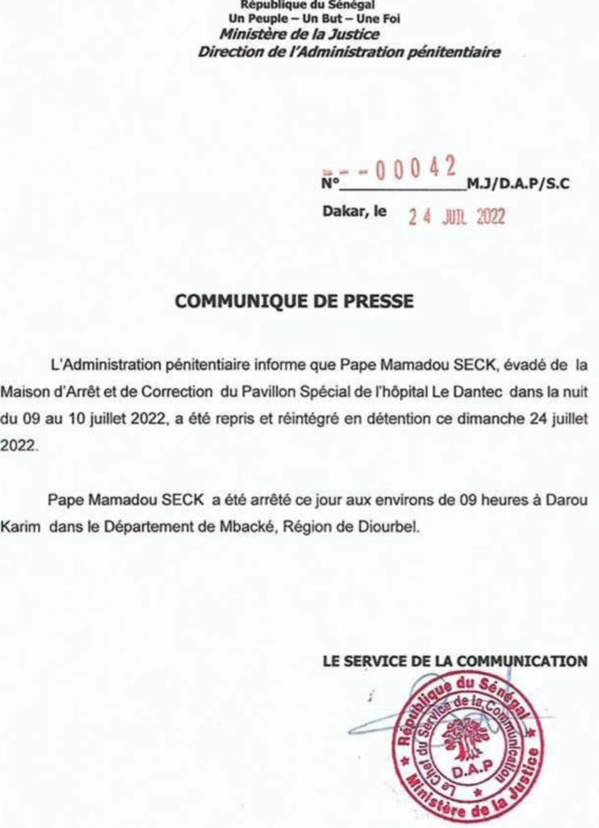 Pape Mamadou Seck arrêté à Mbacké ce dimanche (source: Administration pénitentiaire)