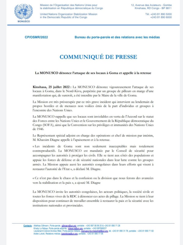"La MONUSCO dénonce l'attaque de ses locaux à Goma et appelle à la retenue" "La MONUSCO dénonce l'attaque de ses locaux à Goma et appelle à la retenue"