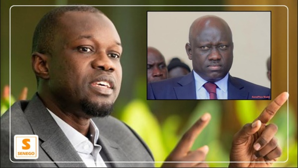 Ousmane Sonko et, en médaillon, l'ex procureur Serigne Bassirou Guèye accusé d'avoir falsifié un  Rapport interne de la Gendarmerie (Photo SENEGO)