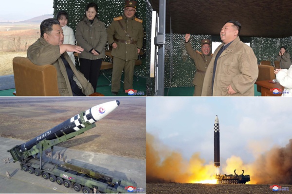 « Kim Jong Un dirige le tir d’essai d’un nouveau modèle de missile balistique intercontinental - Aux armes nucléaires par les armes nucléaires » (KCNA)