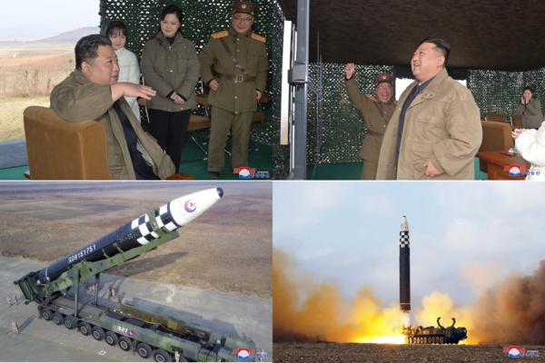 « Kim Jong Un dirige le tir d’essai d’un nouveau modèle de missile balistique intercontinental - Aux armes nucléaires par les armes nucléaires » (KCNA) « Kim Jong Un dirige le tir d’essai d’un nouveau modèle de missile balistique intercontinental - Aux armes nucléaires par les armes nucléaires » (KCNA)