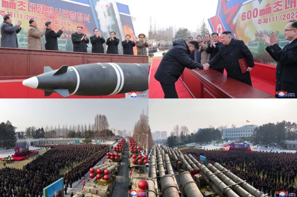 « La cérémonie de remise des supergrands lance-roquettes multiples de 600 mm à Pyongyang » (KCNA) « La cérémonie de remise des supergrands lance-roquettes multiples de 600 mm à Pyongyang » (KCNA)