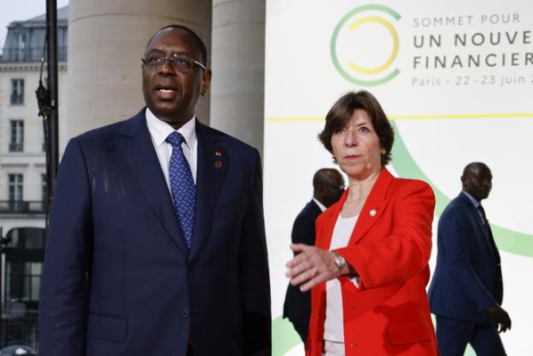 Macky Sall avec Catherine Colonna, la cheffe de la diplomatie française le 22 juin 2023 au Palais Brogniart à Paris, 1er jour du Sommet pour un nouveau pacte financier mondial