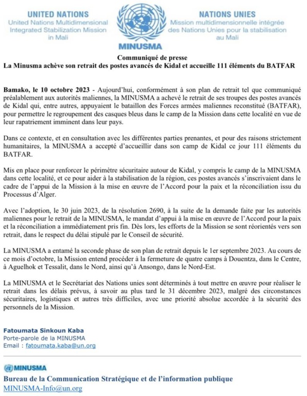 La Minusma livre le poste-avancé de Kidal aux armées maliennes La Minusma livre le poste-avancé de Kidal aux armées maliennes