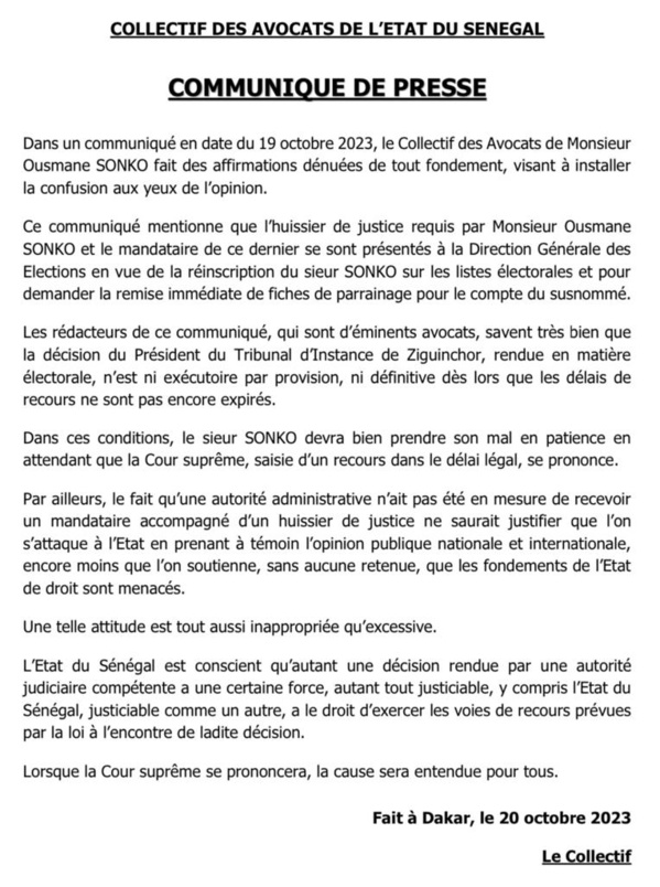 Fiches de parrainage : la réaction des avocats de l'Etat sénégalais Fiches de parrainage : la réaction des avocats de l'Etat sénégalais