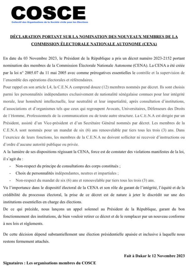 Nominations á la CENA - Le Collectif des organisations de la société civile pour les élections pointe les 3 fautes de Macky Sall Nominations á la CENA - Le Collectif des organisations de la société civile pour les élections pointe les 3 fautes de Macky Sall
