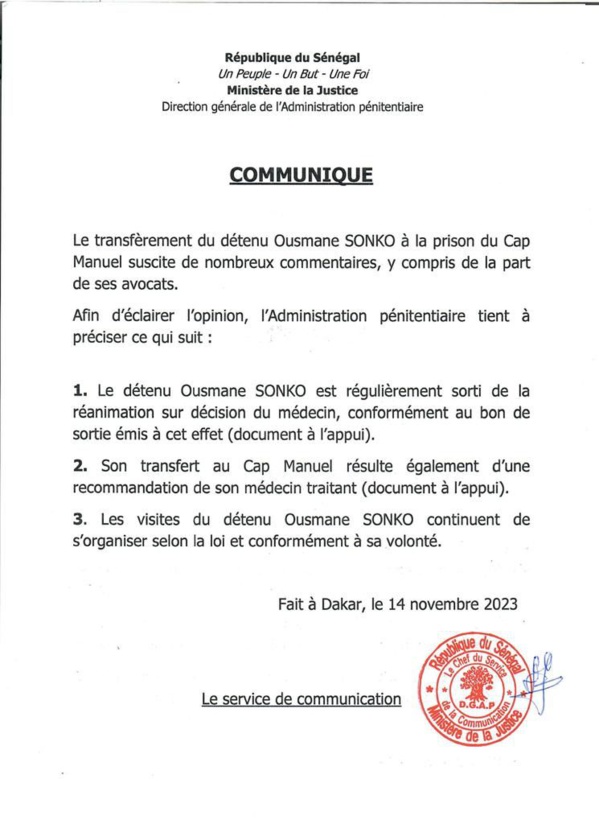 Transfèrement d'Ousmane Sonko à la prison du Cap Manuel - L'administration pénitentiaire livre sa version de l'affaire Transfèrement d'Ousmane Sonko à la prison du Cap Manuel - L'administration pénitentiaire livre sa version de l'affaire