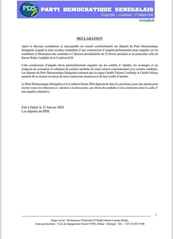 Apres la disqualification de Wade, le PDS dénonce les juges Cheikh Tidiane Coulibaly et Cheikh Ndiaye Apres la disqualification de Wade, le PDS dénonce les juges Cheikh Tidiane Coulibaly et Cheikh Ndiaye