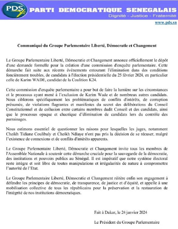 Elimination de Karim Wade de la présidentielle 2024 : le Pds dit avoir déposé une demande d'enquête parlementaire Elimination de Karim Wade de la présidentielle 2024 : le Pds dit avoir déposé une demande d'enquête parlementaire