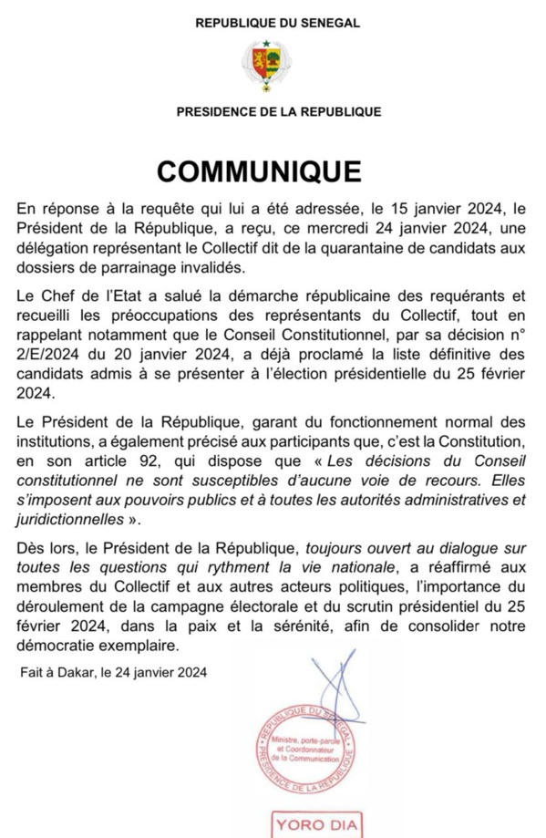 Rébellion contre le Conseil constitutionnel : Le président Macky Sall renvoie poliment les "recalés" à la campagne électorale Rébellion contre le Conseil constitutionnel : Le président Macky Sall renvoie poliment les "recalés" à la campagne électorale