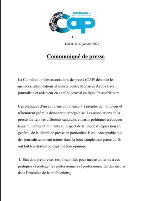 La CAP condamne les menaces contre le journaliste Ayoba Faye La CAP condamne les menaces contre le journaliste Ayoba Faye