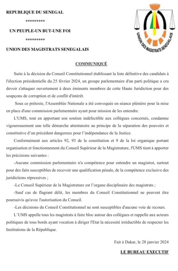 Enquête parlementaire contre le Conseil constitutionnel : l'UMS condamne un attentat contre la séparation des pouvoirs, "soutien indéfectible" aux magistrats visés Enquête parlementaire contre le Conseil constitutionnel : l'UMS condamne un attentat contre la séparation des pouvoirs, "soutien indéfectible" aux magistrats visés