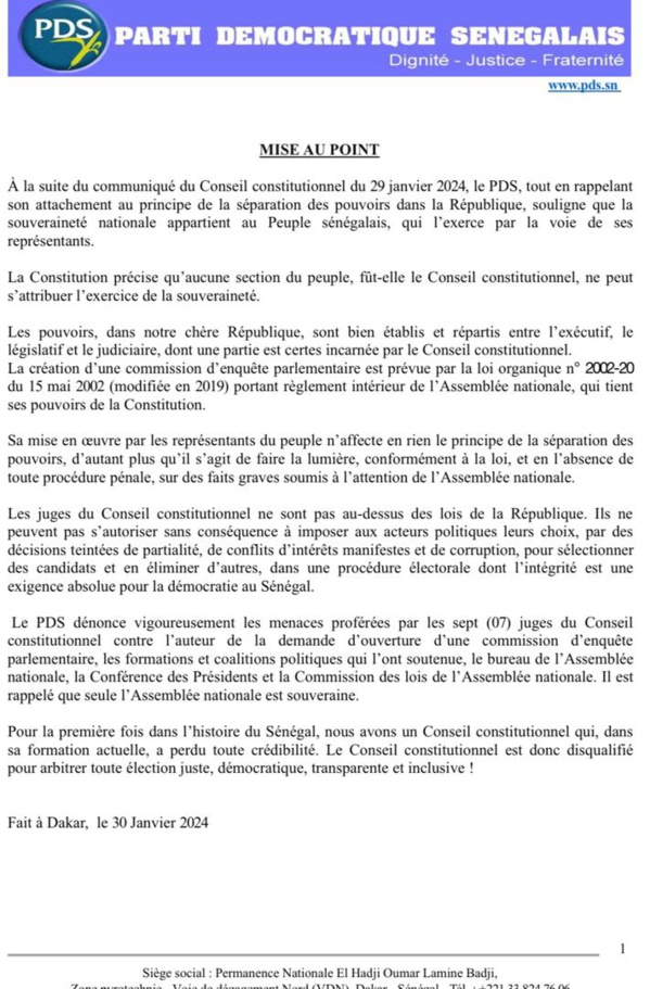 Le PDS réplique au Conseil constitutionnel, dénonce des menaces Le PDS réplique au Conseil constitutionnel, dénonce des menaces